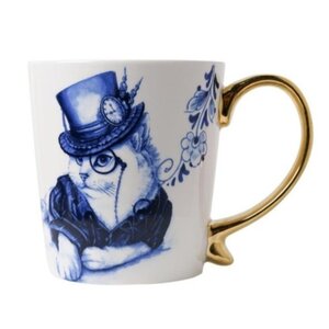Typisch Hollands Luxusbecher – Delfter Blau (goldener Henkel) – Katze