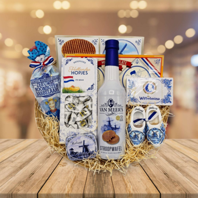 typisch-hollands-geschenkpakket Korb mit typisch holländischen Köstlichkeiten