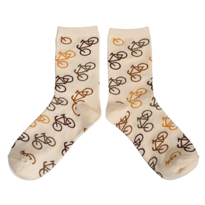 Typisch Hollands Damensocken – Radfahren – klassisch – Beige mit Fahrrädern – Braun und Ocker