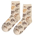 Typisch Hollands Damessokken - Fietsen - classic - beige met fietsen - bruin en oker