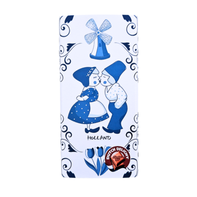 Typisch Hollands Melkchocoladereep in Delfts blauwe verpakking. THT 25-12-2025