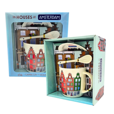 TTD Gifts Becher mit Löffel und Untertasse - Amsterdamer Häuser