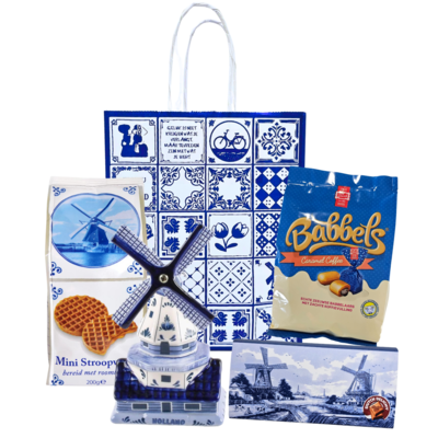 typisch-hollands-geschenkpakket Hollandse lekkernijen -  Goodiebag met Delfts blauwe molen