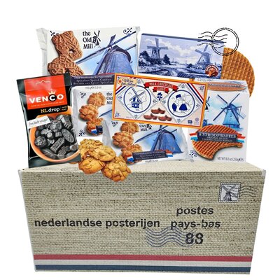 typisch-hollands-geschenkpakket Typische niederländische Delikatessenpackung (in einem niederländischen Postkarton)