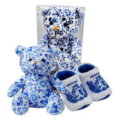 Heinen Delfts blauw Baby-Geschenkset Bär Delft blau und Babyschuhe
