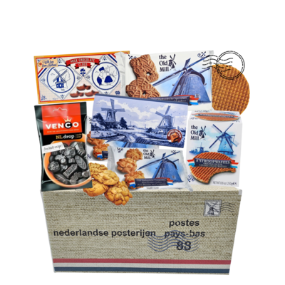 typisch-hollands-geschenkpakket Typische niederländische Delikatessenpackung (in einem niederländischen Postkarton)