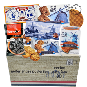 typisch-hollands-geschenkpakket Typische niederländische Delikatessenpackung (in einem niederländischen Postkarton)