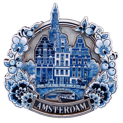Typisch Hollands Magneet Delfts blauw Amsterdam - gevelhuisjes - ovaal