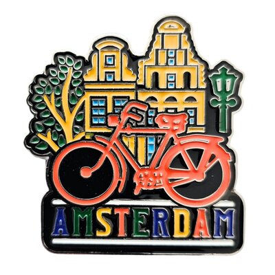 Typisch Hollands Großer Magnet Amsterdam - oranges Fahrrad an Fassadenhäusern