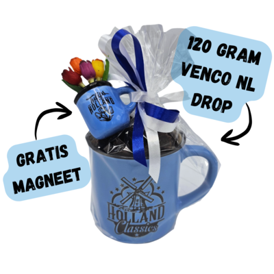 Typisch Hollands Mok  blauw  gevuld met zoete drop en GRATIS magneet