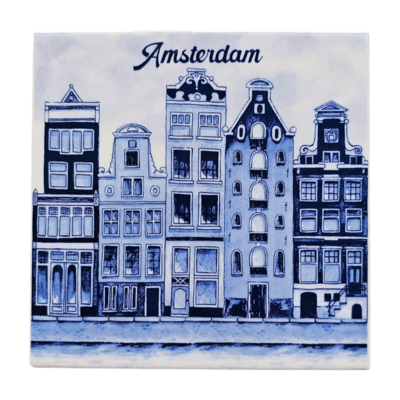 Heinen Delfts blauw Delftsblauwe tegel met Amsterdamse grachtenpanden - 5 huizen