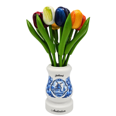 Typisch Hollands 9 small wooden tulips in a wooden Delft blue vase