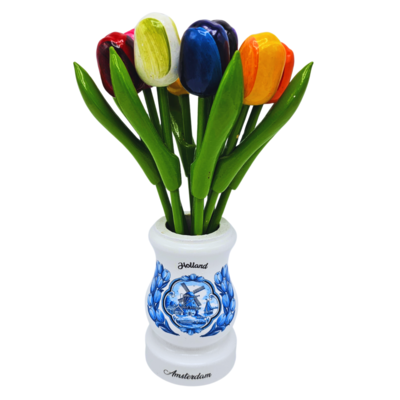 Nijhuis  9 kleine houten tulpen in houten Delfts blauwe vaas