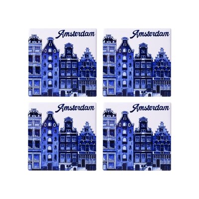 Heinen Delfts blauw Luxe onderzetters - Amsterdam gevelhuisjes - Delfts blauw