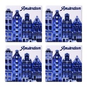 Heinen Delfts blauw Luxe onderzetters - Amsterdam gevelhuisjes - Delfts blauw