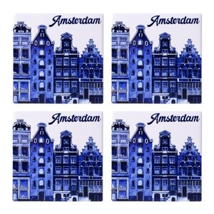 Heinen Delfts blauw Luxury coasters - Amsterdam gable houses - Delft blue