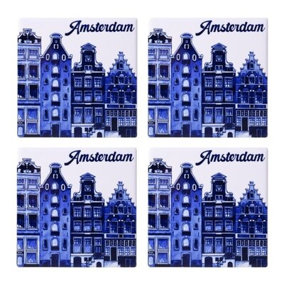 Heinen Delfts blauw Luxe onderzetters - Amsterdam gevelhuisjes - Delfts blauw