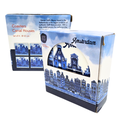Heinen Delfts blauw Luxe onderzetters - Amsterdam gevelhuisjes - Delfts blauw