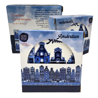 Heinen Delfts blauw Luxus-Untersetzer - Amsterdamer Giebelhäuser - Delfter Blau