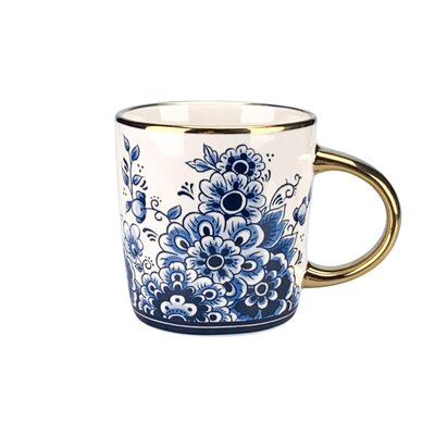 Typisch Hollands Delfts blauw mok - groot met bloemmotief en gouden oor