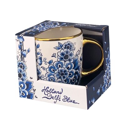 Typisch Hollands Delfter Blaubecher - groß mit Blumenmotiv und goldenem Ohr