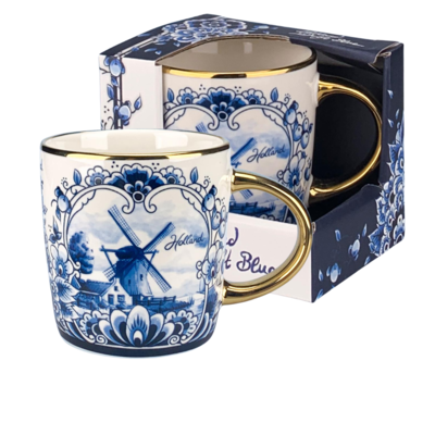 Matix Delfts blauw mok - groot met molenlandschap en gouden oor
