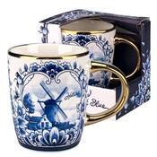 Typisch Hollands Delft blue mug - small with a windmill landscape and a gold handle