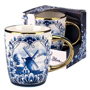 Typisch Hollands Delft blue mug - small with a windmill landscape and a gold handle
