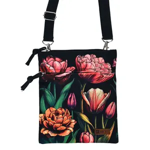 Robin Ruth Passport bag - Neck bag - Black with botanical tulip print