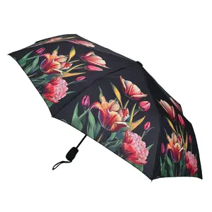 Typisch Hollands Luxe paraplu - Zwart met botanische  tulpenprint
