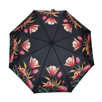 Typisch Hollands Luxe paraplu - Zwart met botanische  tulpenprint