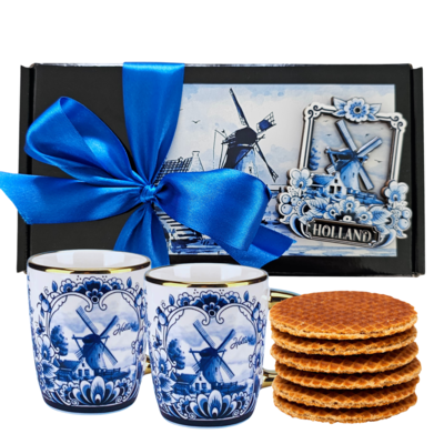 Typisch Hollands Luxuriöses Geschenkset Delfter Blau (Tassen und Stroopwafels)