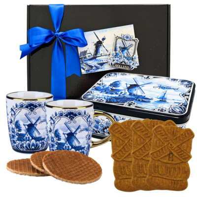 Typisch Hollands Geschenkpaket mit Delfter Blaubechern, Stroopwafels und Spekulatius