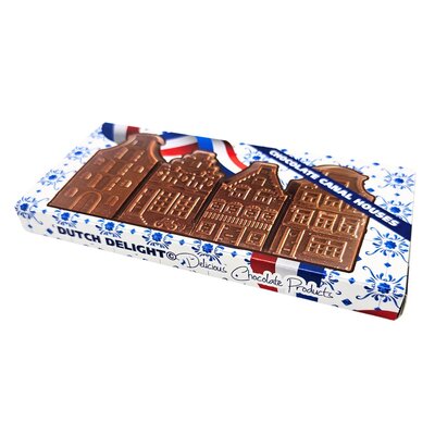 Typisch Hollands Melkchocolade gevelhuisjes in Delfts blauw geschenkdoosje