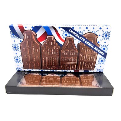 Typisch Hollands Giebelhäuser aus Milchschokolade in einer Delfter Blau-Geschenkbox