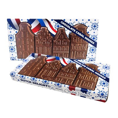 Typisch Hollands Melkchocolade gevelhuisjes in Delfts blauw geschenkdoosje