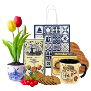 typisch-hollands-geschenkpakket Dutch gift bag with flower pot tulips and mug