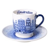 Heinen Delfts blauw Espresso kop en schotels -  set van 2- porselein -Amsterdam