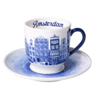 Heinen Delfts blauw Espresso kop en schotels -  set van 2- porselein -Amsterdam
