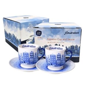 Heinen Delfts blauw Espresso kop en schotels -  set van 2- porselein -Amsterdam