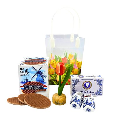 Typisch Hollands Holland PVC-Geschenktüte mit Tulpenmotiv – 2 Leckereien – 2 Souvenirs