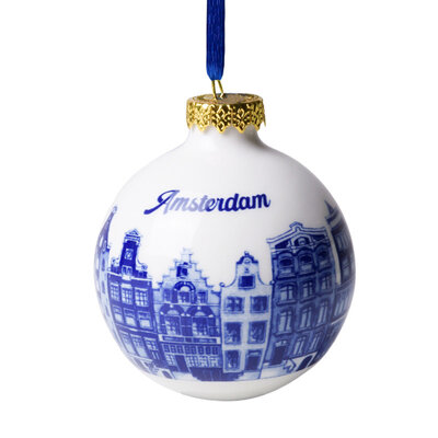 Heinen Delfts blauw Delft blue decorated Christmas ball 7cm - Amsterdam