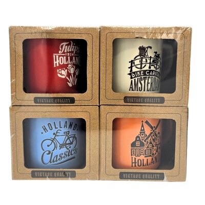 Typisch Hollands Voordeelset 4 kleine koffiebekers - Rood wit blauw en oranje.