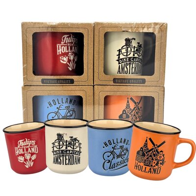 Typisch Hollands Voordeelset 4 kleine koffiebekers - Rood wit blauw en oranje.