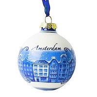 Heinen Delfts blauw Delft blue decorated Christmas ball 7cm - Amsterdam