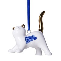 Heinen Delfts blauw Delfter-Blau-Weihnachtsornament – Verspielte Katze mit goldenem Schwanz