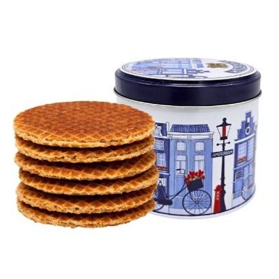 Typisch Hollands Stroopwafels in a tin Canal houses and bicycle