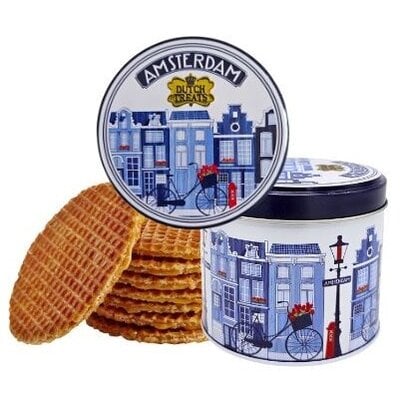 Typisch Hollands Stroopwafels in einer Blechdose, Kanalhäuser und Fahrrad