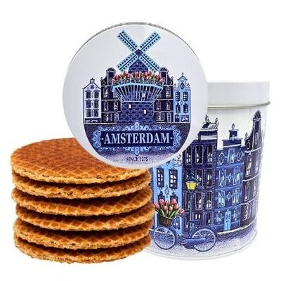Typisch Hollands Stroopwafels in der Dose - Amsterdam - Fahrradwindmühle und Giebelhäuser