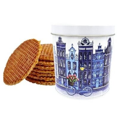 Typisch Hollands Stroopwafels in der Dose - Amsterdam - Fahrradwindmühle und Giebelhäuser